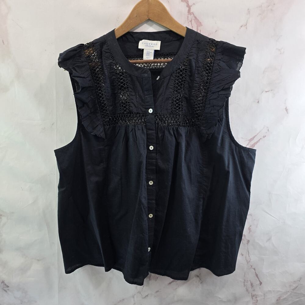 Calypso St Barth Shirt Womens XL Black Tank Button Lace Crochet Eyelet Ruffle